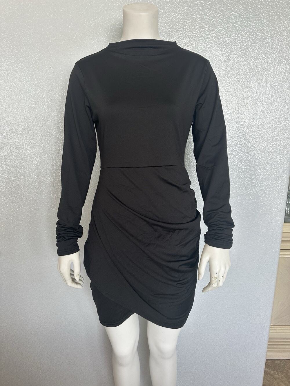 Women's Sexy Wrap Front Long Sleeve Ruched Bodycon Mini Club Dress Size M